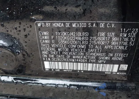 2024 Honda Hr-V Awd Lx из США, поврежденный, VIN 3CZRZ2H32RM744064